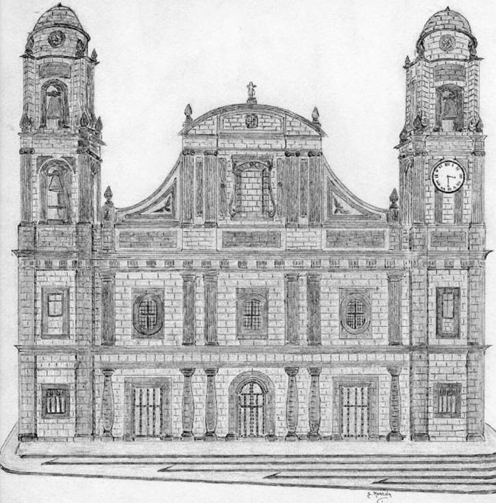 Dibujo original de la fachada del santuario de Santiago realizado por  Sebasti&aacute;n Monz&oacute;n Su&aacute;rez