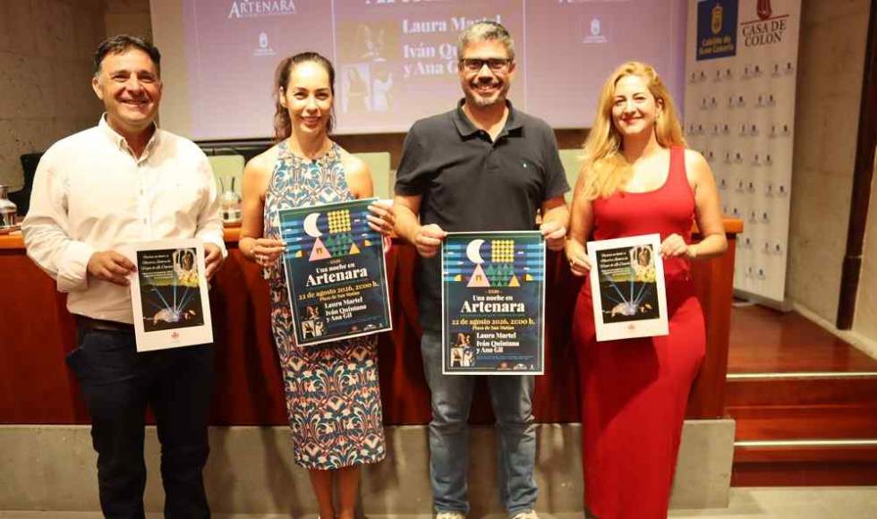 Jes&uacute;s D&iacute;az, Guacimara Medina, Sergio Alonso y Dina Gonz&aacute;lez con el cartel del concierto y las fiestas de Artenara