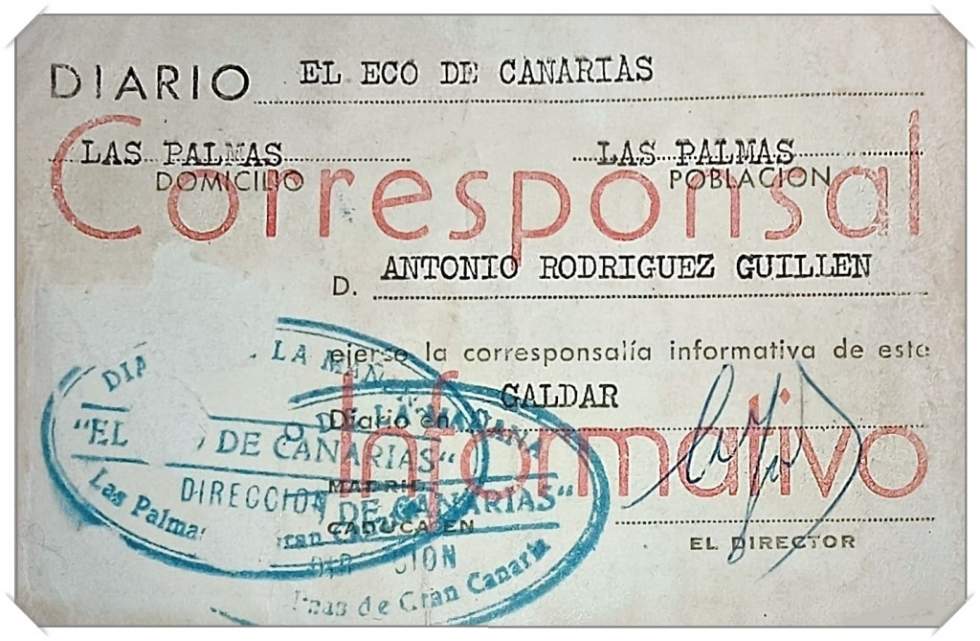 Carnet del recordado maestro galdense Antonio Rodr&iacute;guez Guill&eacute;n (+)