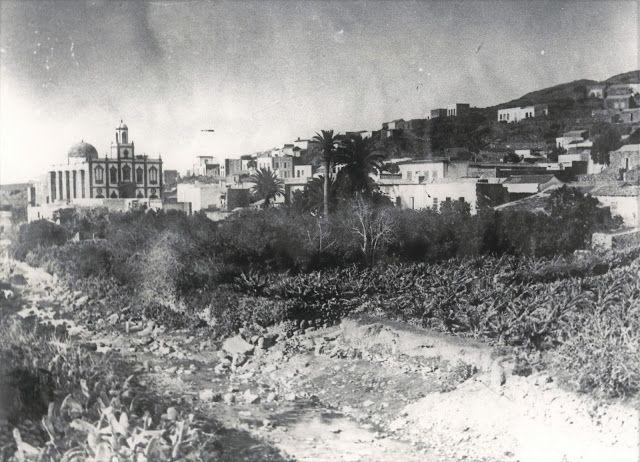 Fotografía anterior a 1896, se observa la plantación de plataneras en una parte del huerto.