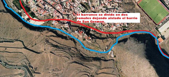 Cauce que toma el barranco, convirtiendo el  barrio de San Germán en una isla.