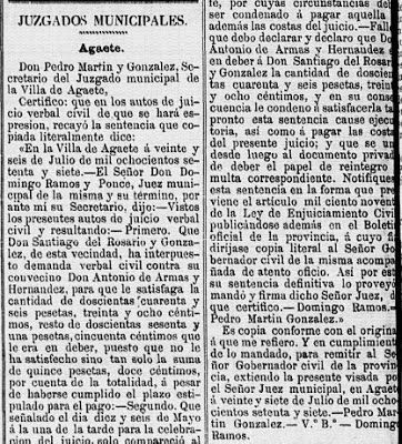 Sentencia del Juzgado  de Agaete, de 27 de Julio de 1877, donde se observa que el secretario judicial firmante es D. Pedro Martín González.
