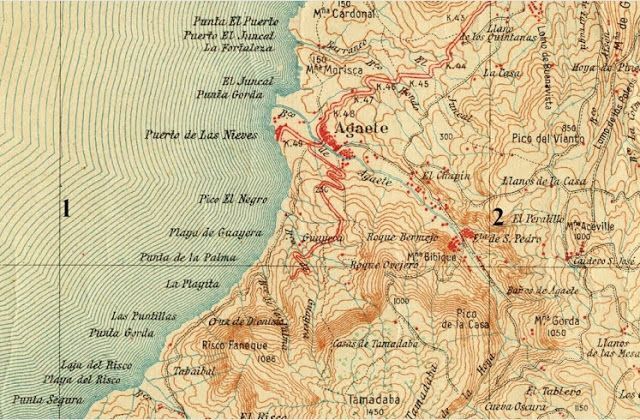 Mapa militar de 1916, donde se observa el camino y la carretera, que en esos años solo llega al barranco de Guayedra.