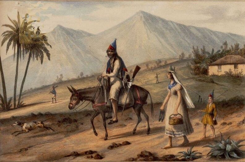 Campesino canario dirigiéndose a las milicias, dibujo de 1830.