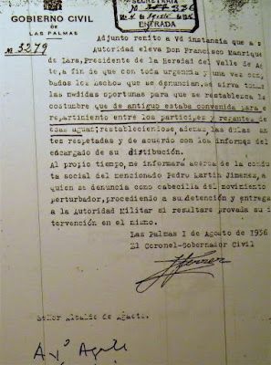 Denuncia e informe del alcalde donde se confirma la inscripción  del derecho a regar a cambio de un tercio de la producción de las fincas, (archivo municipal).