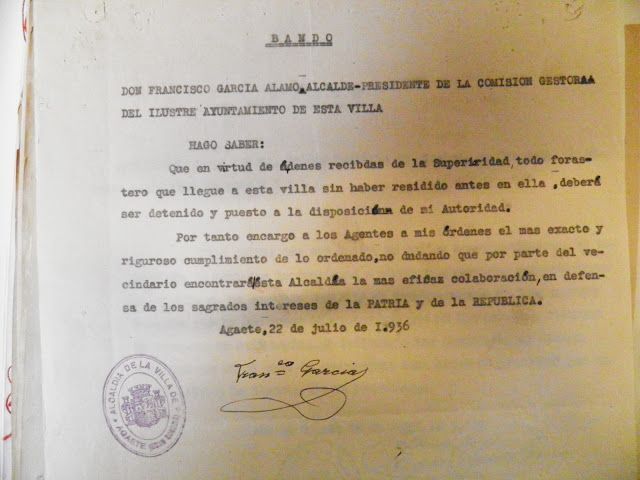 Bando en el que se ordena detener a todo persona que llegue a Agaete despues del 18 de julio sin ser residente en el pueblo. (archivo municipal de Agaete)