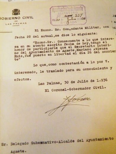 Comunicación puesta en libertad secretario del ayuntamiento D. Víctor Atienza (Archivo municipal)