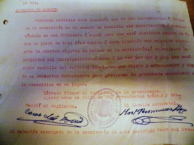 Escrito dirigido a Cesar E. del Rosario , sobre un cuchillo de la carnicería. (1932 A.M.A.)