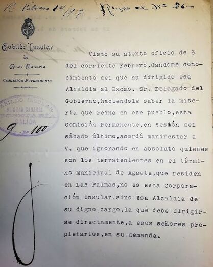Contestación del Cabildo a las peticiones del ayuntamiento de Agaete (archivo municipal)