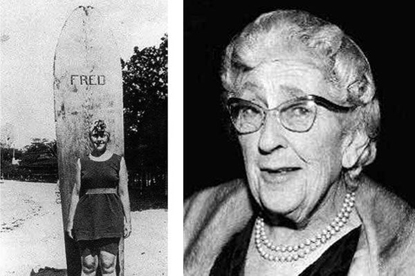 A la izquierda, Agatha Christie con su tabla de surf en los años 20 (Fuente: The Guardian). A la derecha, la escritora en su madurez.