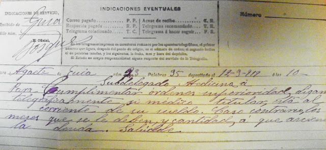Telegrama en que la subdelegada de sanidad en la isla le pide informe al ayuntamiento de los sueldos que se le deben al médico titular, D. Tomás Morales (archivo municipal).