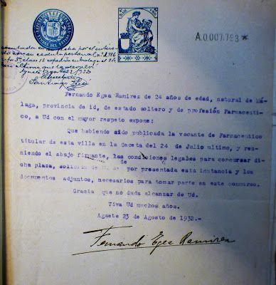 Solicitud de apertura de la farmacia que dirige D. Fernando al ayuntamiento de Agaete.