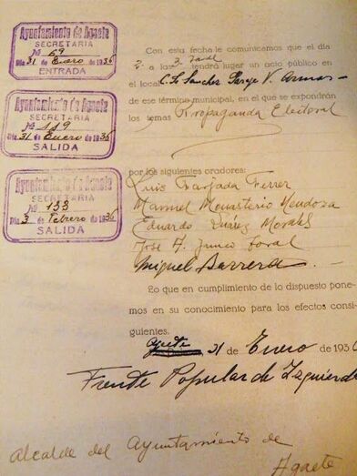 Solicitud  de mitin del Frente Popular, diputado comunista Eduardo Suárez (Archivo municipal de Agaete)