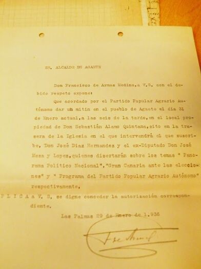 Solicitud de mitin de la derecha, Partido Popular Agrario de Agaete