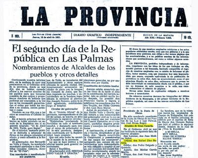 Diario la Provincia de 16 de Abril de 1931, nombramiento de alcalde de Agaete D. Matias García Martín