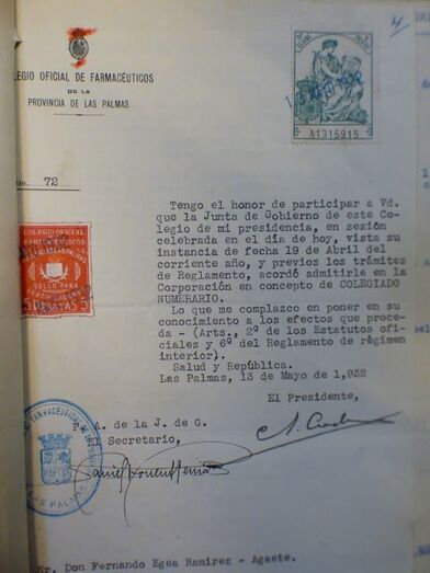 Nombramiento de colegiado numerario , del Colegio Oficial de farmacéuticos  de Las Palmas.