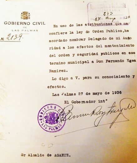 Comunicación del nombramiento de D. Fernando Egea como Delegado Gubernativo de la localidad. (Archivo municipal)