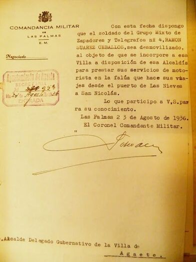 Escrito en el que el Comandante Militar ordena la desmovilización de Manuel Suárez Ceballos (Ceballito), (archivo Municipal.).