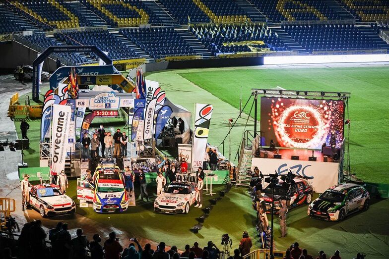 29 ERDI Tibor jun. (HUN), KOVACS Szabolcs (HUN), Erdi team KFT, Mitsubishi Lancer Evo X, ambiance podium  during the 2020 Rally Islas Canarias, 5th round of the 2020 FIA European Rally Championship, from November 26 to 28, 2020 in Las Palmas de Gran Canaria, Spain - Photo Jorge Cunha / DPPI