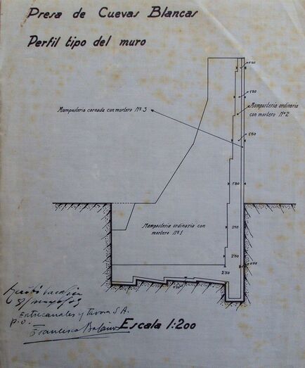 Figura. Perfil tipo de la cimentación ejecutada para una altura de 20 metros sobre cauce [dibujado y firmado por Entrecanales y Távora S.A. en 1939]