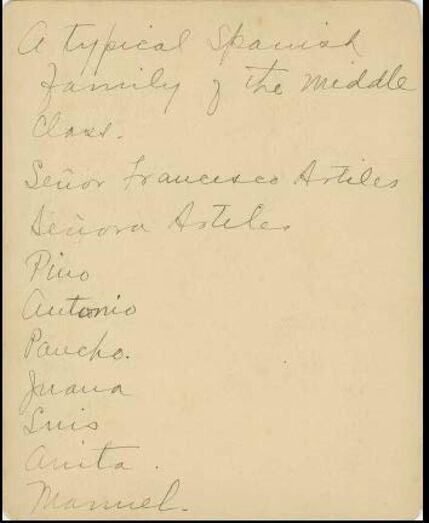 Reverso de la foto que indica: Una típica familia española de clase media. Señor Francisco Artiles, Señora Artiles, Pino, Antonio, Pancho, Juana, Luis, Anita, Manuel