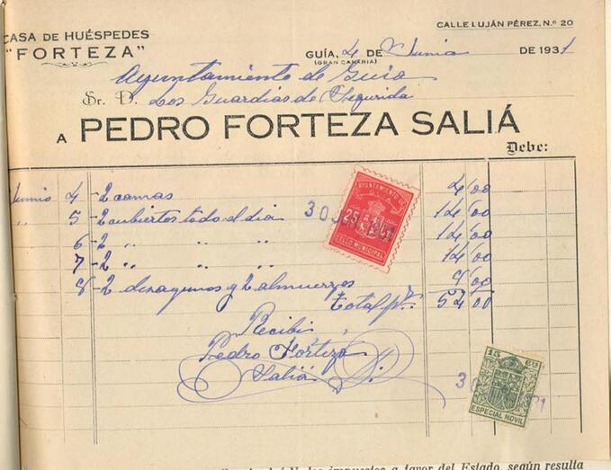 Factura de la Casa de Huéspedes Forteza del año 1931