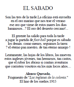 Alonso Quesada. Fragmento de:"Los ingleses de la colonia." El lino de los sueños.1915