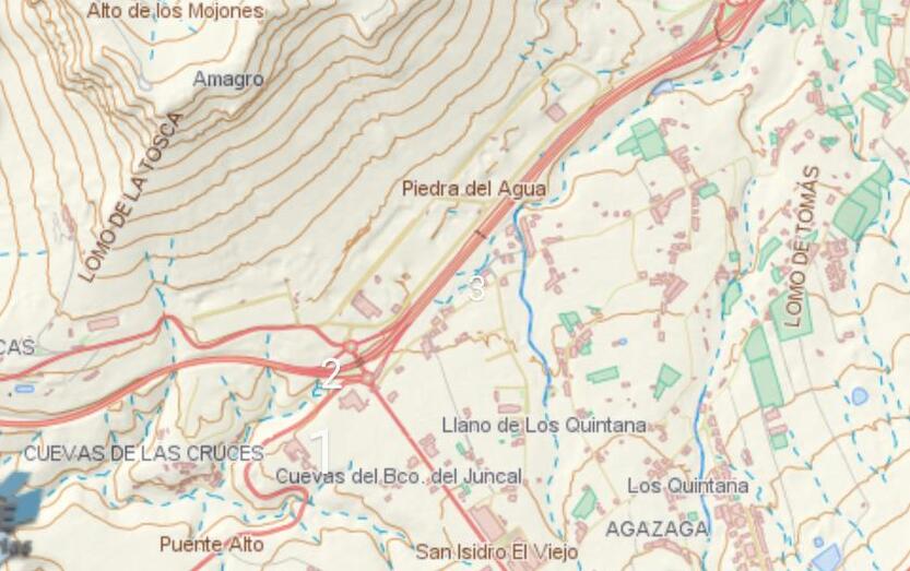 Mapa topográfico. Grafcan 1.- Lomito de la Casa del Caballero. 2.- Barranco de Las Juntas. 3.- Barranco de los Charcos del Soldado