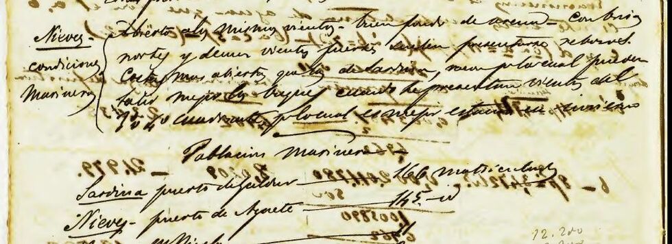 Cuaderno de apuntes del proyecto de Muelle de Agaete, de puño y letra del ingeniero Juan León y Castillo, donde se observa las condiciones marinas de la bahía de las Nieves y el número de marineros en la población de Agaete del año 1864, 145 hombres.