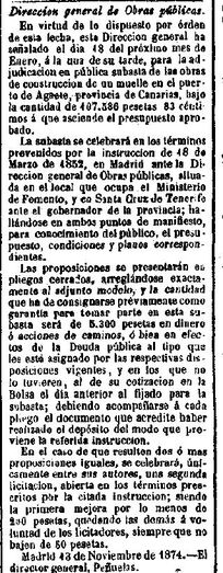 Diario de avisos oficiales, 19 de noviembre de 1874, comunicación de subasta pública, para la adjudicación de la obra del muelle del Puerto de Agaete.