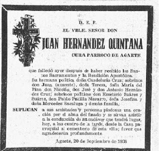Esquela publicada en la prensa de la muerte del Párroco D. Juan Hernandez el 19 de Septiembre de 1936..