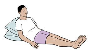 line art of woman sitting up in bed propped up by pillows; SOURCE: original art: used in 7577132