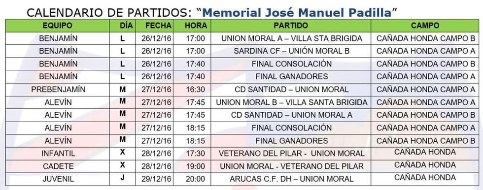 I MEMORIAL JOSÉ MANUEL PADILLA 2016 CALENDARIO PARTIDOS